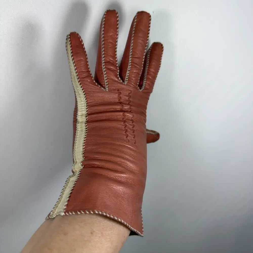 Vintage Kin Kid Leather Colorblock Gloves Ivory Orange Tablecut Size 6.5 1950s